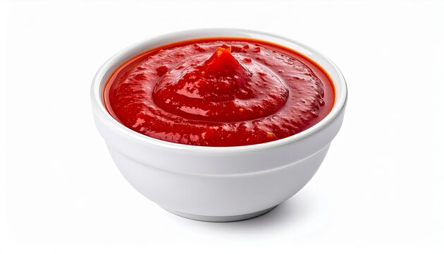 A small white ceramic bowl filled with thick red tomato ketchup sauce isolated on a clean white background for culinary and kitchen imagery.