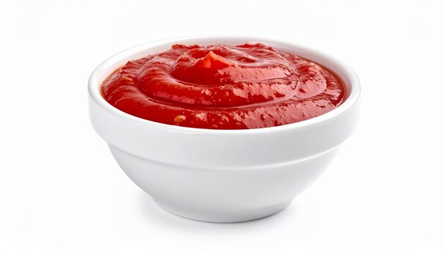 A fresh bowl of thick red tomato sauce or savory ketchup presented in a clean white ceramic dish isolated against a bright white background.