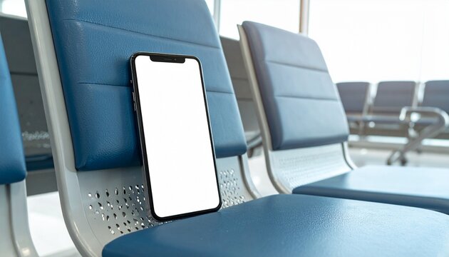 A modern smartphone with a blank white screen resting on a blue seat in an empty airport waiting lounge area for travel and communication concepts.