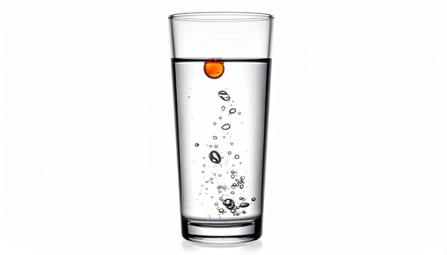 A clear glass filled with pure water containing a single orange drop of liquid creating rising bubbles isolated on a bright white background.