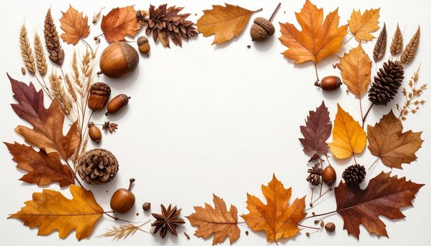 Beautiful autumn border composition featuring dried maple leaves acorns pine cones and wheat stalks arranged on a clean white background flat lay.