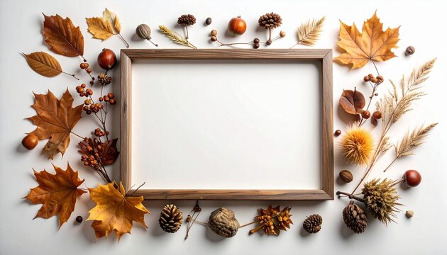 A beautiful autumnal flat lay composition featuring a wooden picture frame surrounded by dried fallen leaves acorns and decorative pine cones.