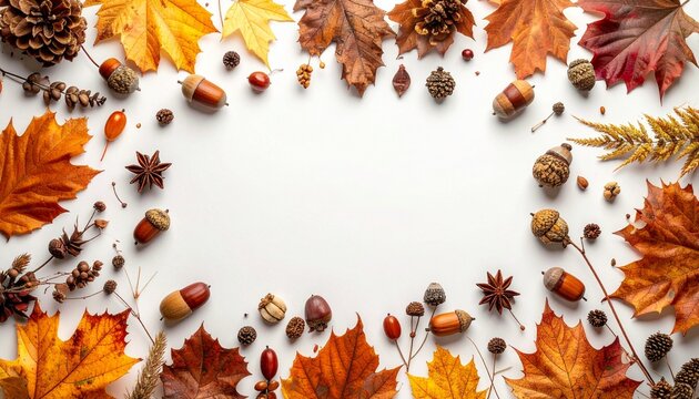 A beautiful autumnal frame composition with vibrant maple leaves pine cones acorns and dried forest elements on a clean white background border.