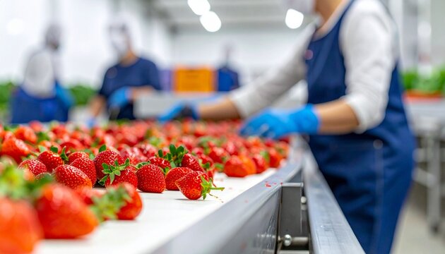 Professional workers sorting fresh red strawberries on a high speed automated industrial conveyor belt in a large modern organic food factory.