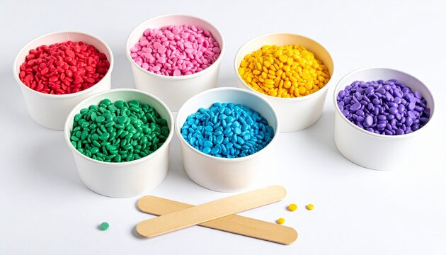 Colorful wax beads in paper cups with wooden spatulas for professional hair removal and beauty spa salon skin treatment on white background.