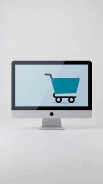 Online shopping concept with a blue shopping cart displayed on a computer screen on a white background