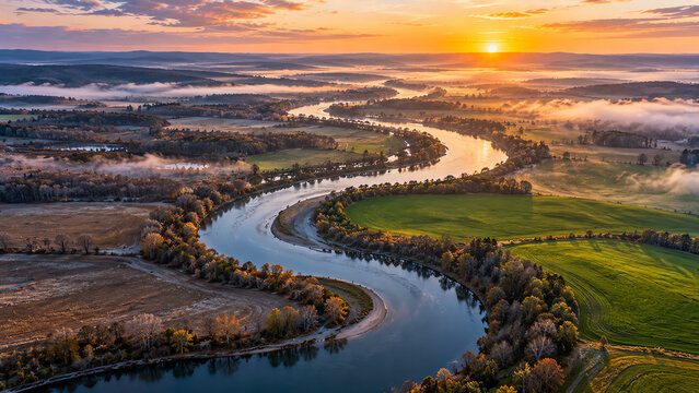 Aerial view of a winding river flowing through a rural valley at sunrise, with patches of morning mist, green fields, and autumn trees under a golden sky