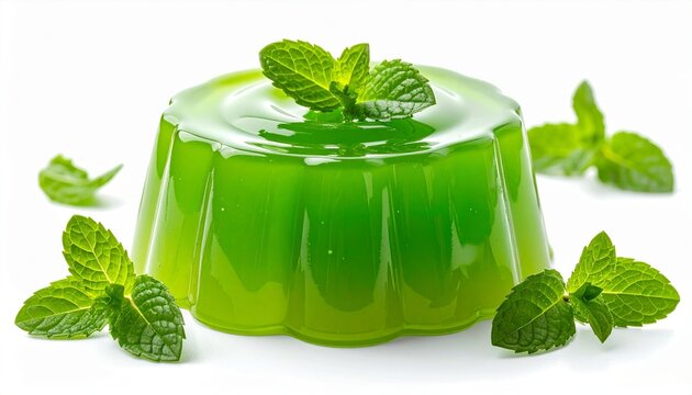 A translucent green gelatin dessert mold garnished with fresh mint leaves isolated on a clean white background for culinary presentation.