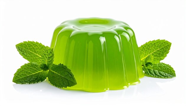 A vibrant green gelatin dessert molded in a classic shape accented with fresh organic mint leaves isolated against a clean white background.