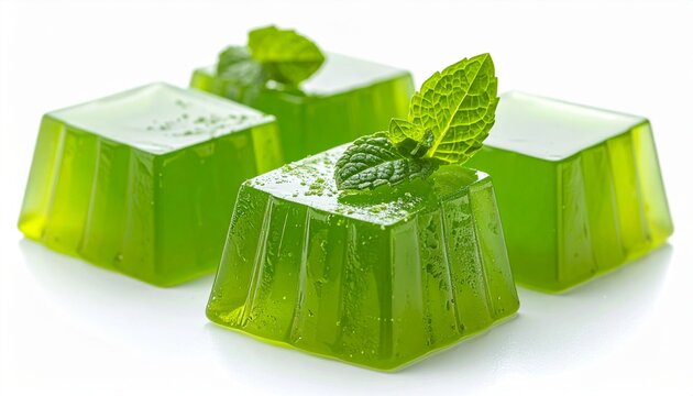 Close up view of green gelatin cubes topped with fresh mint leaves isolated on a white background representing healthy spa wellness concepts.