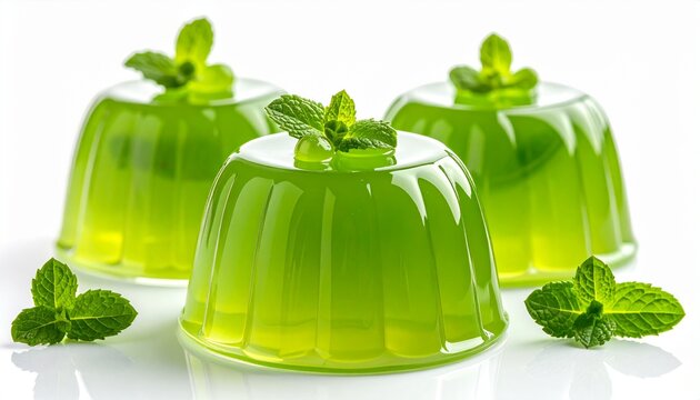 Three lime green gelatin desserts topped with fresh mint leaves isolated on a white background for a refreshing and vibrant summer treat display.