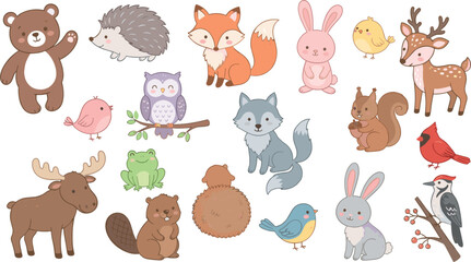 Obraz premium Cute Woodland Animals Vector Collection with Bear, Fox, Deer, Wolf, Moose, Bunnies, and Forest Birds for Kids Nursery Wall Art and Stationery Design