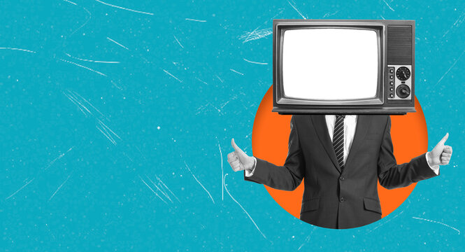 Art collage featuring a businessman with a television for a head in a bright blue background