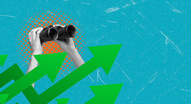 Art collage showing hands holding binoculars with green arrows pointing upward on a blue background