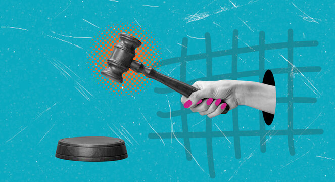 Judge's Gavel Striking Wooden Sounding Block, Justice and Court Concept, Art Collage with Copy Space