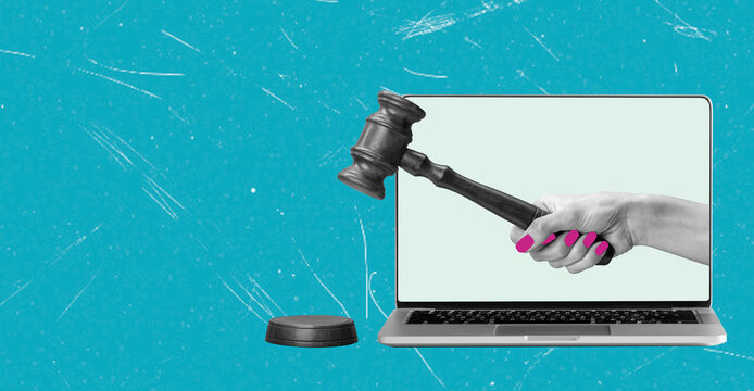 Judge's Gavel Emerging from Laptop Screen, Digital Justice and Online Court Concept, Art Collage
