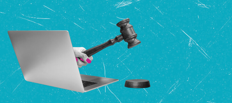 Art collage depicting a computer and a gavel on a bright blue background