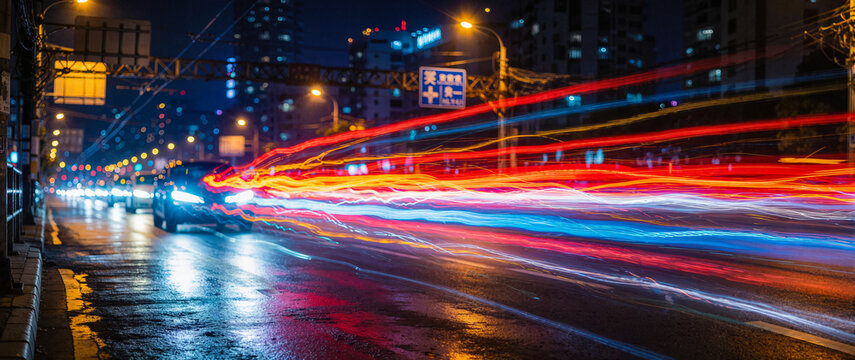 Car light trails through a vibrant city at night