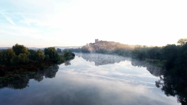  Aerial Drone View of Benedictine Abbey and River Covered in Morning Fog, Poland