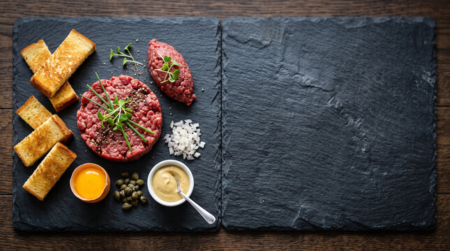 Top down view of Swiss beef steak tartare and raw egg yolk on dark slate