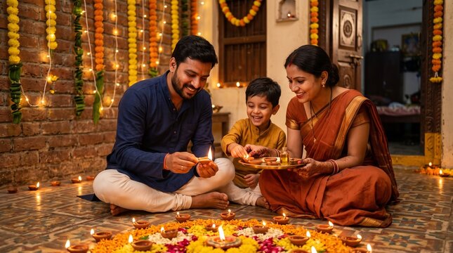Photorealistic lifestyle photography of a young Indian family father, mother, and a young son lighting traditional clay diyas together in their intimate home courtyard during Dussehra evening. 