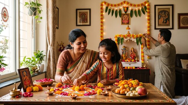 Photorealistic Indian family preparing a small Dussehra celebration at home, mother and daughter arranging diyas and flower petals on a table