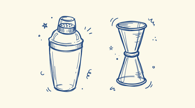 Hand drawn cocktepsl shaker and jigger line art illustration