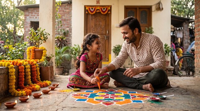 Photorealistic candid family photography of a young Indian father and his young daughter creating a small colorful geometric rangoli together outside their home for Dussehra