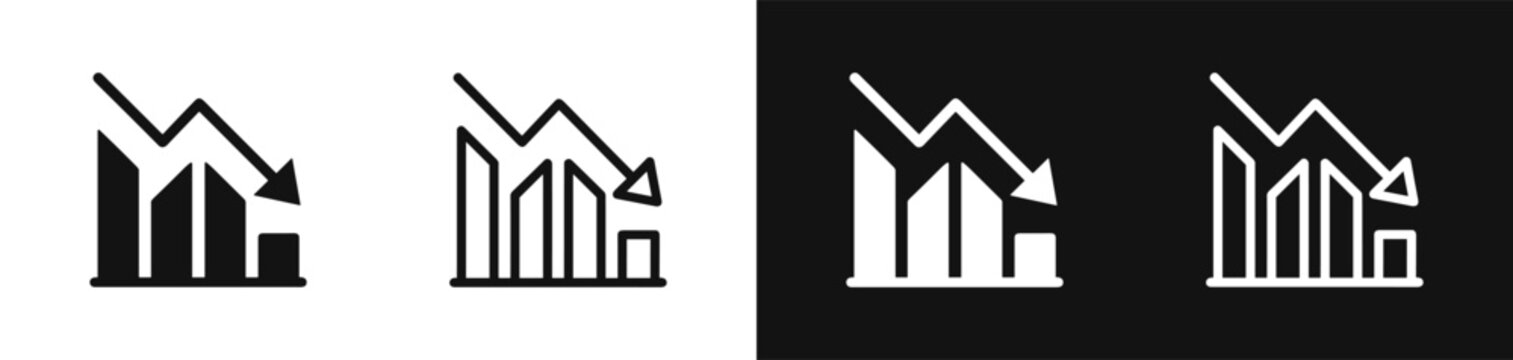 Bar chart graph with downward arrow financial loss vector icon set