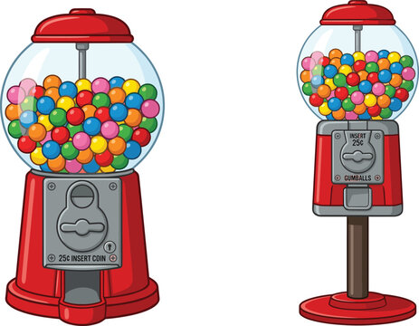 Gumball Machines Set with Colorful Candy Balls. Retro Vending Machine