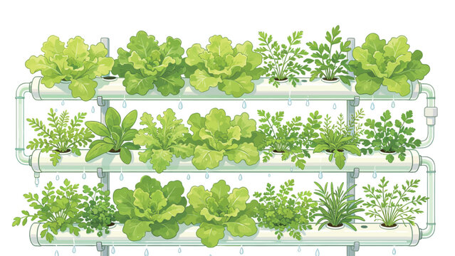 Lush green hydroponic vegetables thriving in multi-tier vertical pipe system with nutrient drip irrigation