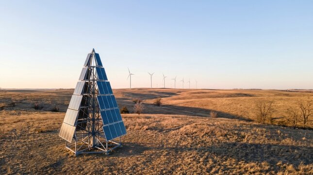 Combine wind and solar power generation showing photovoltaic Christmas tree near distant wind farm