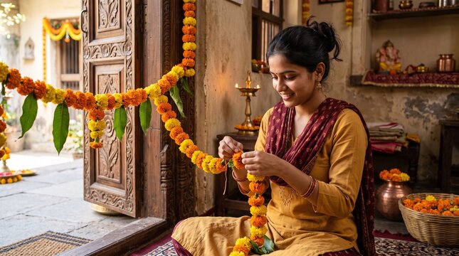 Photorealistic portrait of a young Indian woman preparing marigold flower decorations for Dussehra at home