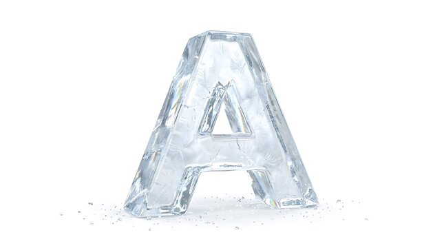 An exquisitely formed letter a sculpted from pristine clear ice glistens beautifully on a clean white backdrop evoking feelings of wintertime and frigid temperatures