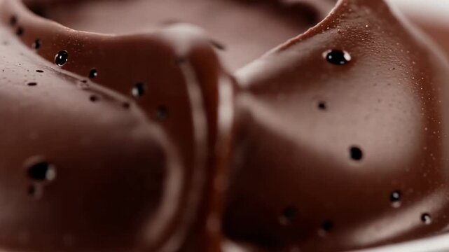 Silky dark chocolate mousse forms a soft curl in a luxurious extreme macro dessert texture scene.