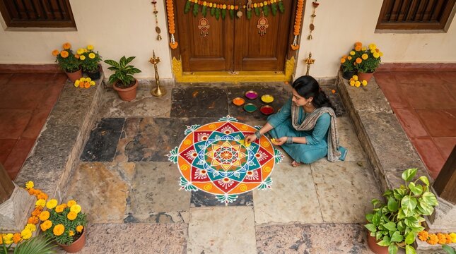 Photorealistic lifestyle photography of a young Indian woman creating a vibrant, colorful geometric rangoli pattern at the entrance of her home for Dussehra