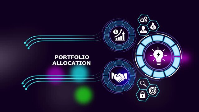 Dynamic portfolio allocation concept featuring digital financial growth investment strategy infographics, wealth management hud and corporate business planning motion for data analysis