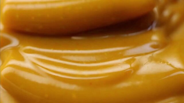 Glossy honey mustard folds into smooth golden ridges in a rich extreme macro condiment texture scene.