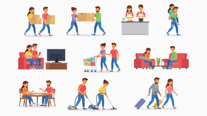 Fototapeta premium Young Couple Daily Routine Housework Moving and Travel Vector Illustration Set