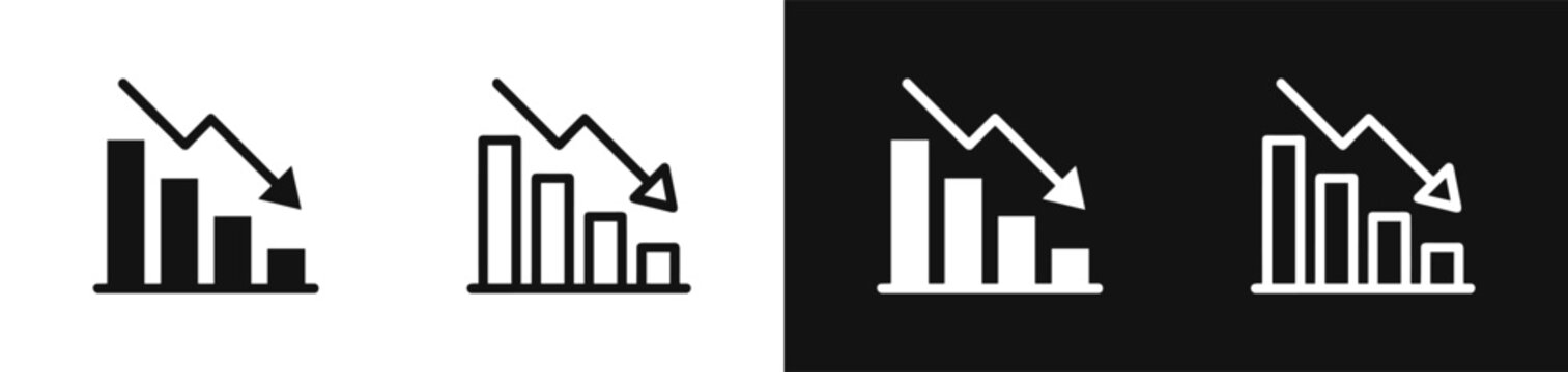 Falling graph icon with downward arrow, representing decline and loss, in black and white.