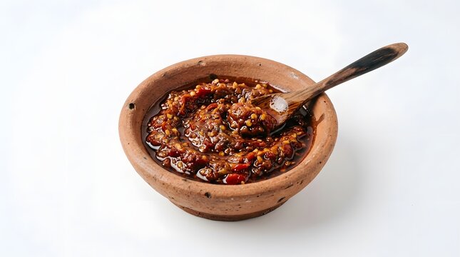 Traditional Indonesian Sambal Terasi chili paste made with authentic aromatic spices and red hot peppers, served in a rustic clay bowl with a wooden spoon on a clean white background.