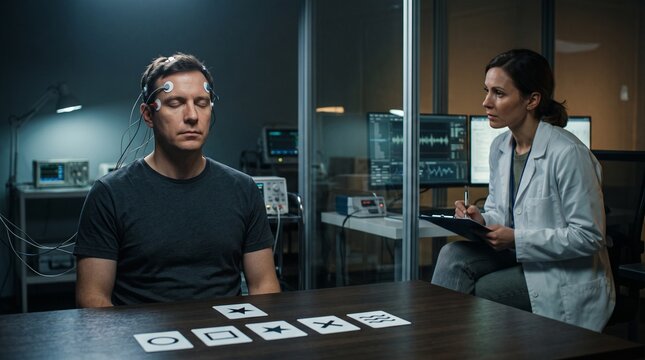 Researcher Monitoring Man with Brain Sensors During Experimental Neuroscience Study in Laboratory
