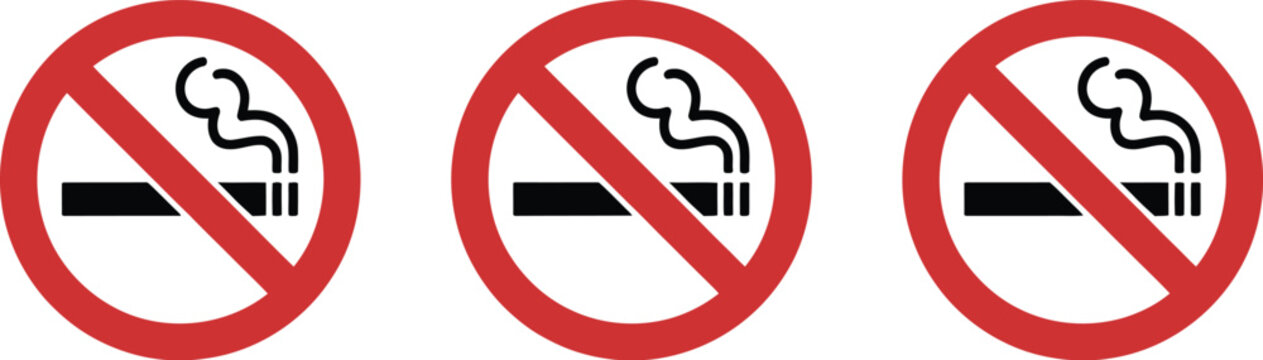 No smoking sign symbol, red prohibition cigarette icon for safety signage, public places, smoke-free areas, warnings, and alerts