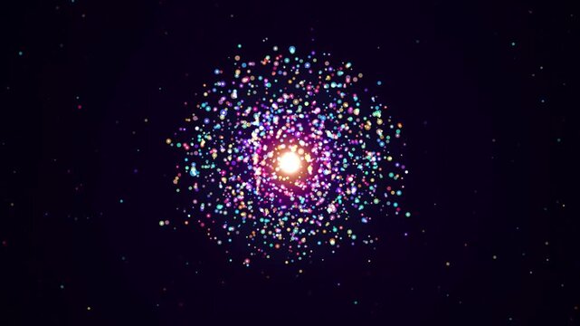 Abstract cosmic particle explosion with glowing light core. Vibrant purple and blue energy burst. Cinematic space nebula background for sci-fi visuals.