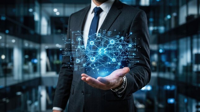 Businessperson holding a glowing digital globe representing global networks and data technology