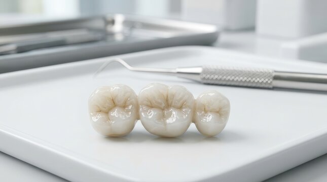 White ceramic dental bridge sitting on a table near a metal medical instrument.