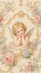 Obraz premium Cherubic angel with wings, floral background, cherubic innocence, floral elegance.