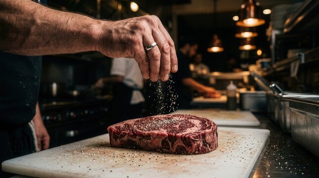 Professional chef sprinkling salt and spices over a fresh raw beef steak on a cutting board.