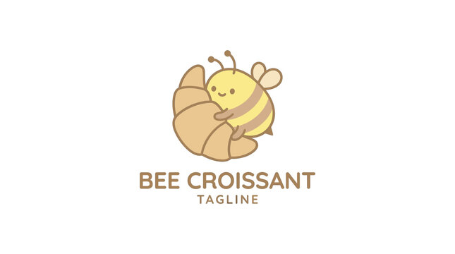 Minimalist bee holding a croissant pastry mascot logo