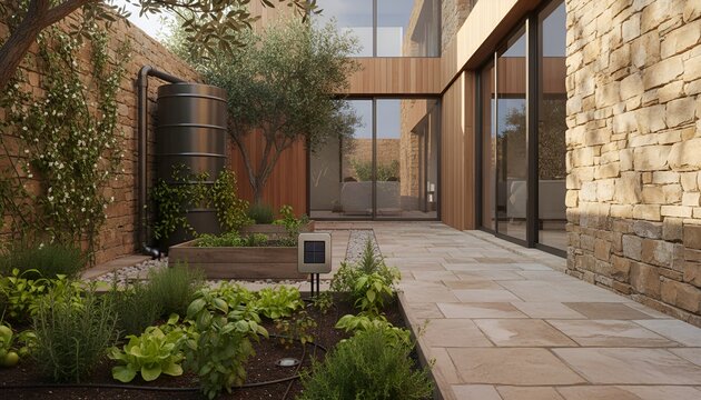 Rainwater harvesting tank and kitchen garden in modern sustainable courtyard with stone facade and solar sensor